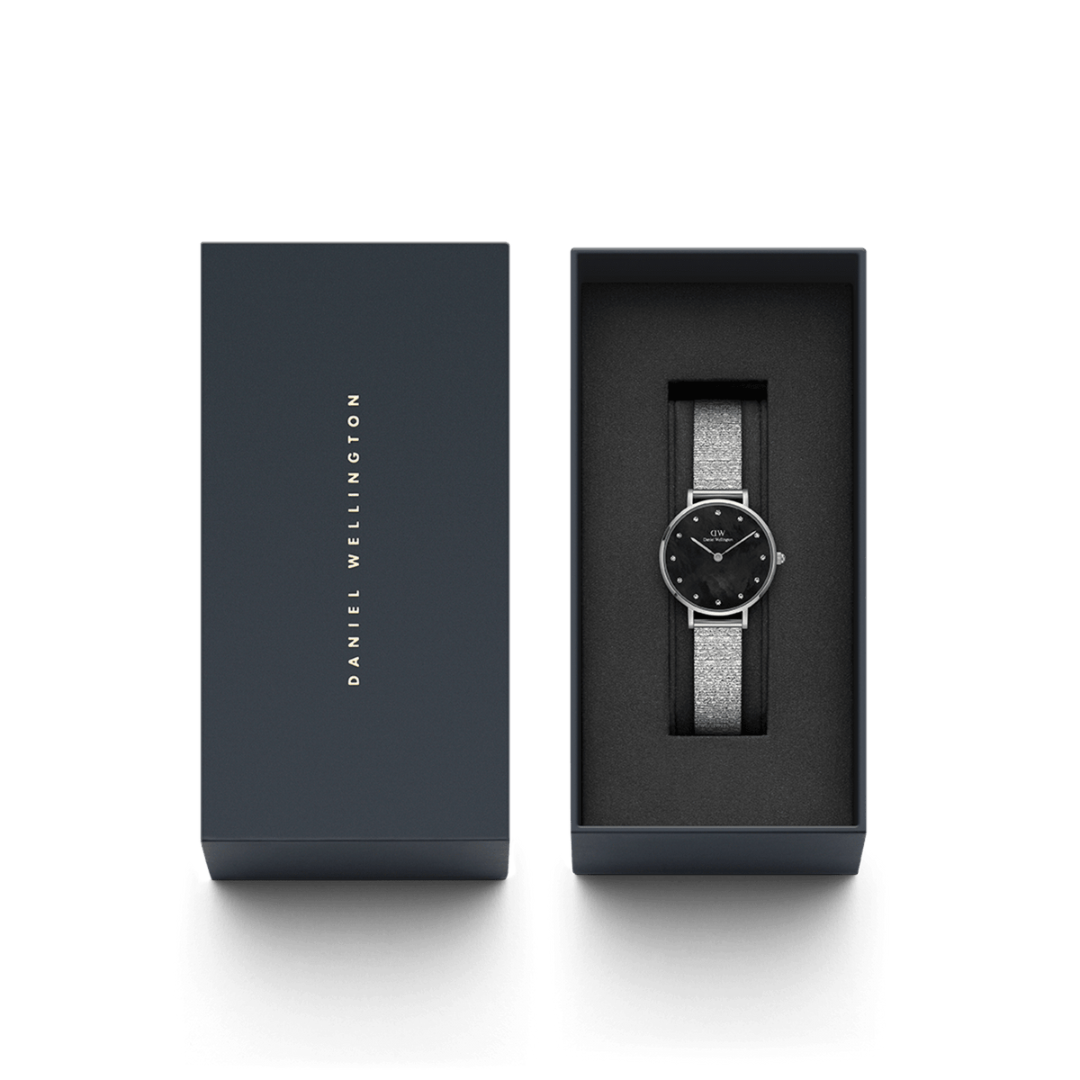 Daniel Wellington Petite Lumine watch with silver mesh strap in branded black gift box