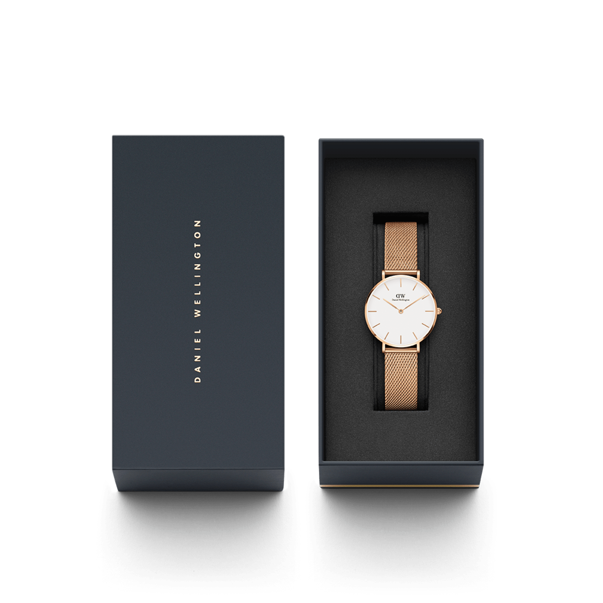 Daniel Wellington Petite Melrose watch in presentation box with rose gold mesh strap