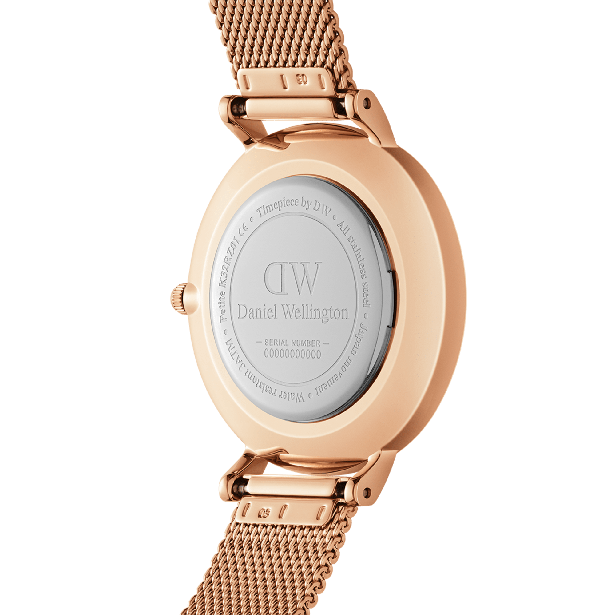 Daniel Wellington Petite Melrose caseback showing rose gold case and engraved details