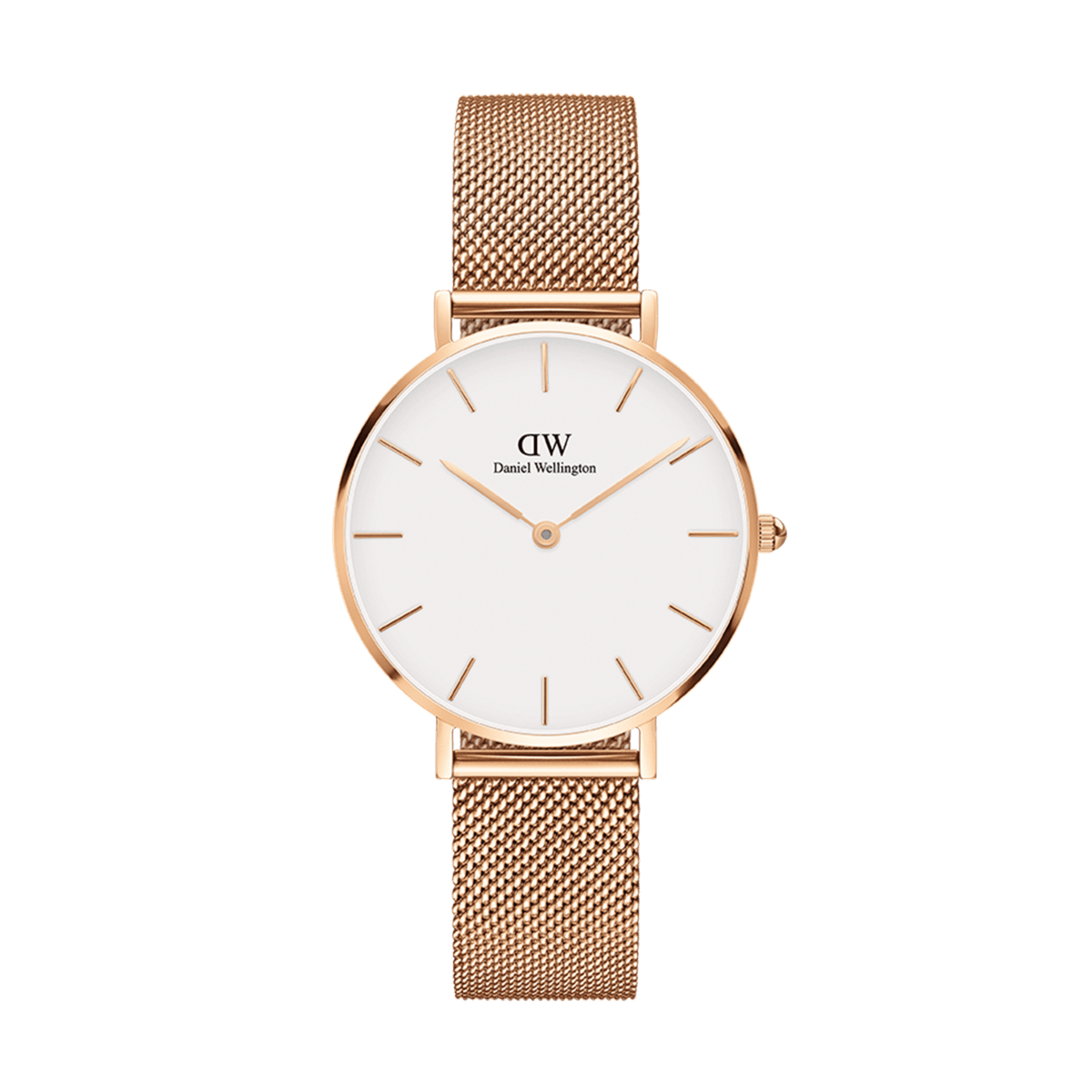Daniel Wellington Petite Melrose eggshell white dial rose gold mesh strap watch front view