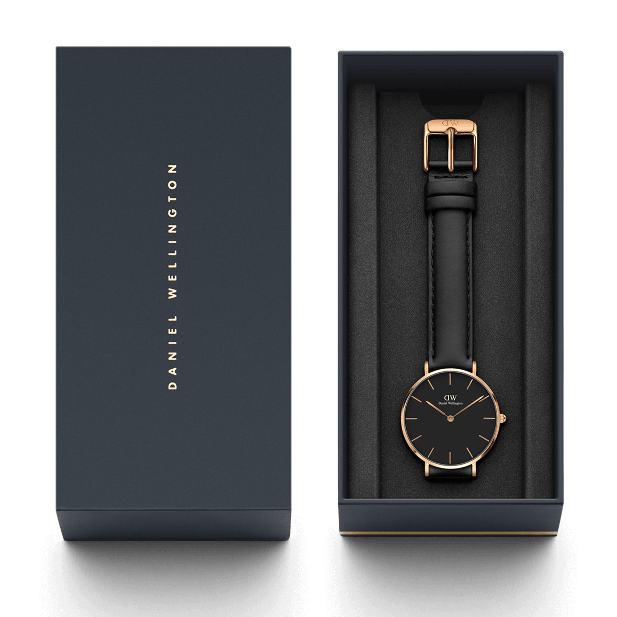 Daniel Wellington Petite Sheffield watch in branded packaging box with black leather strap