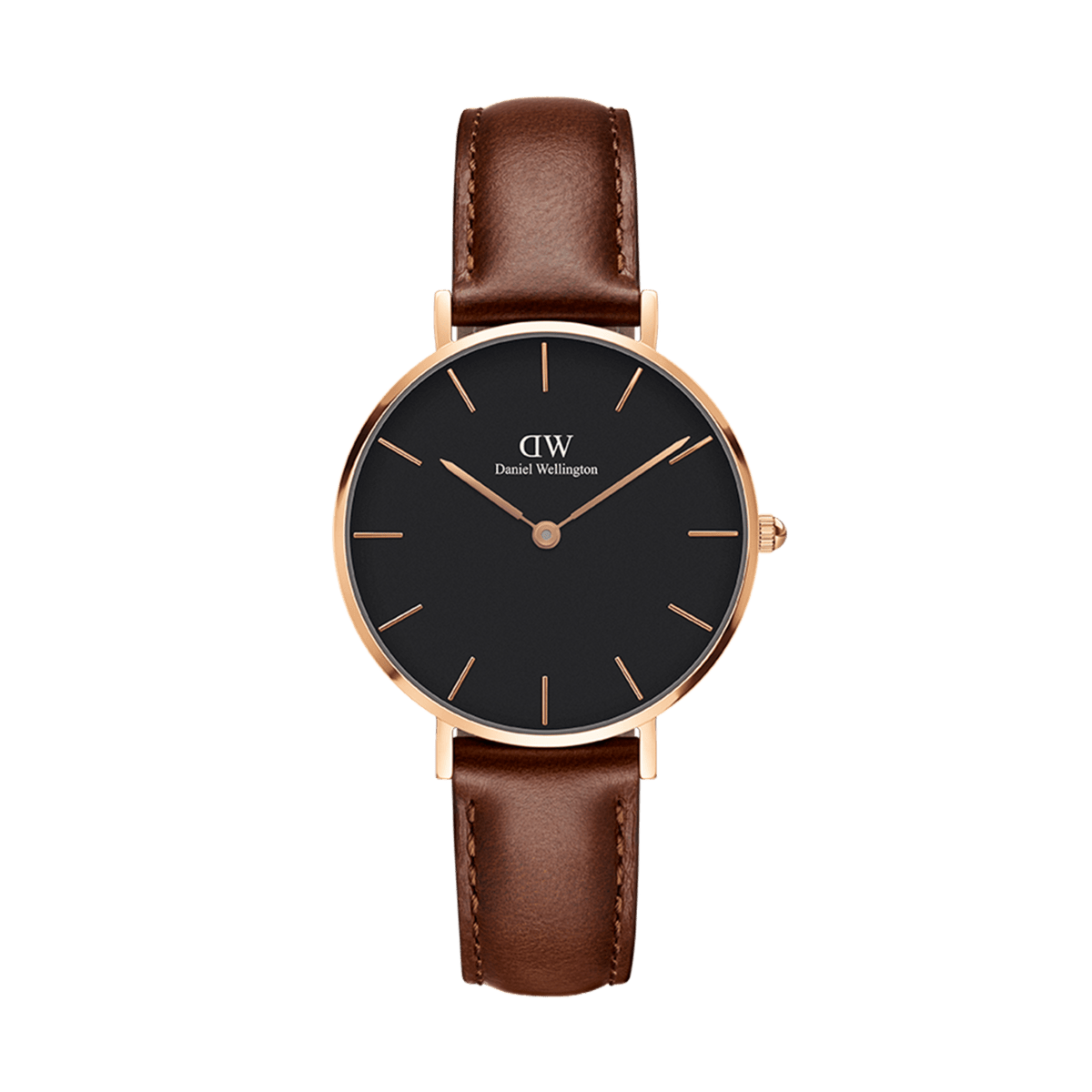 Daniel Wellington Petite St Mawes black dial watch with rose gold case and brown leather strap