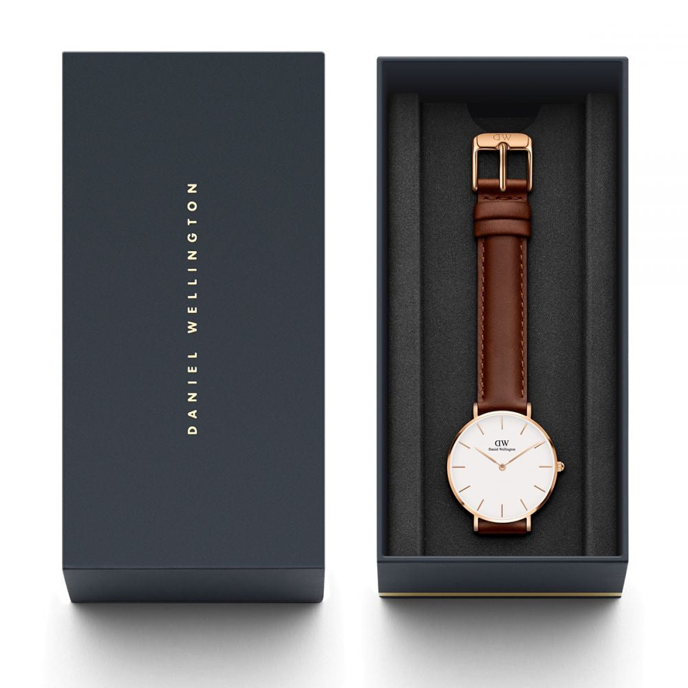 Daniel Wellington box packaging with burgundy leather strap and watch displayed inside