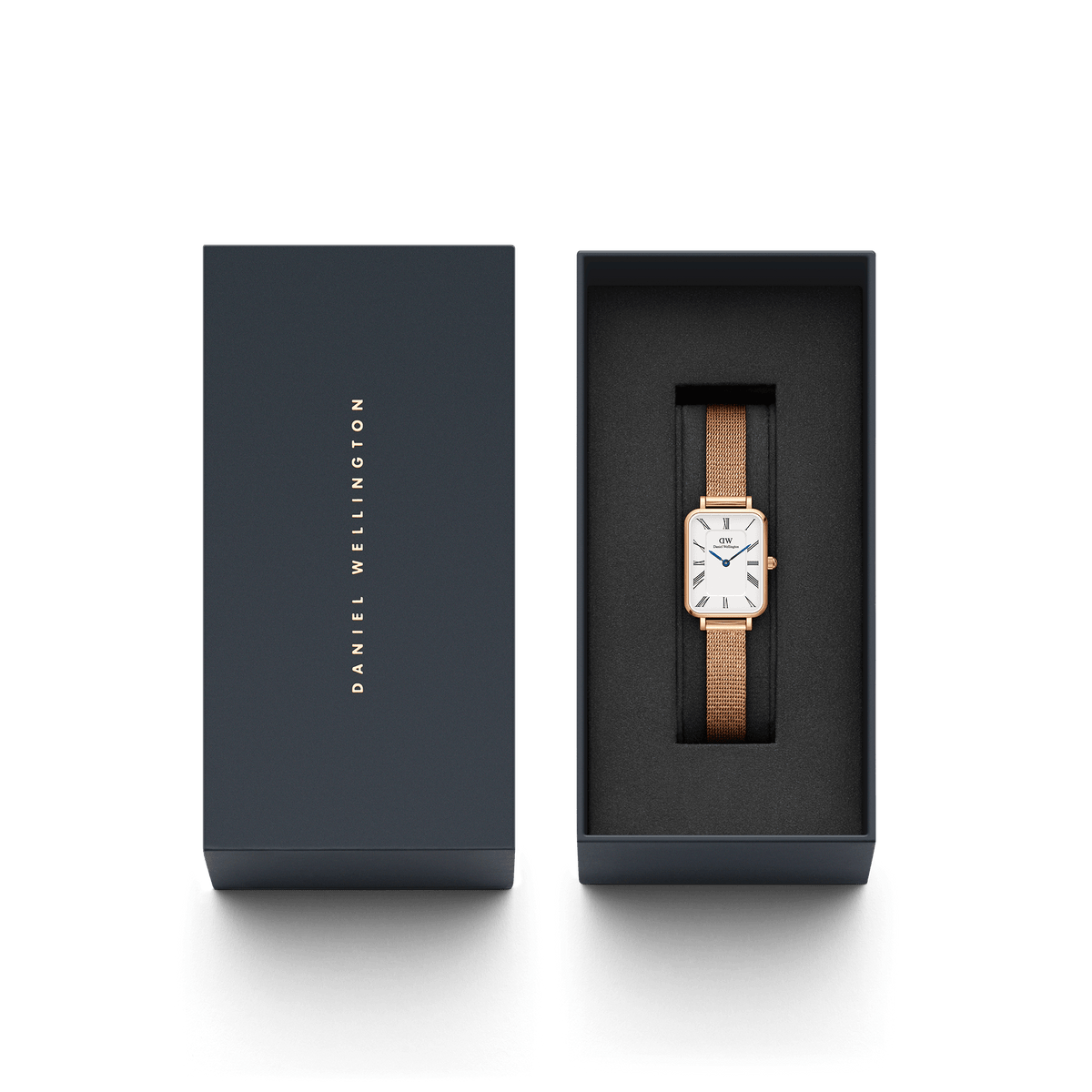 Daniel Wellington Quadro women's watch with packaging box and rose gold mesh strap
