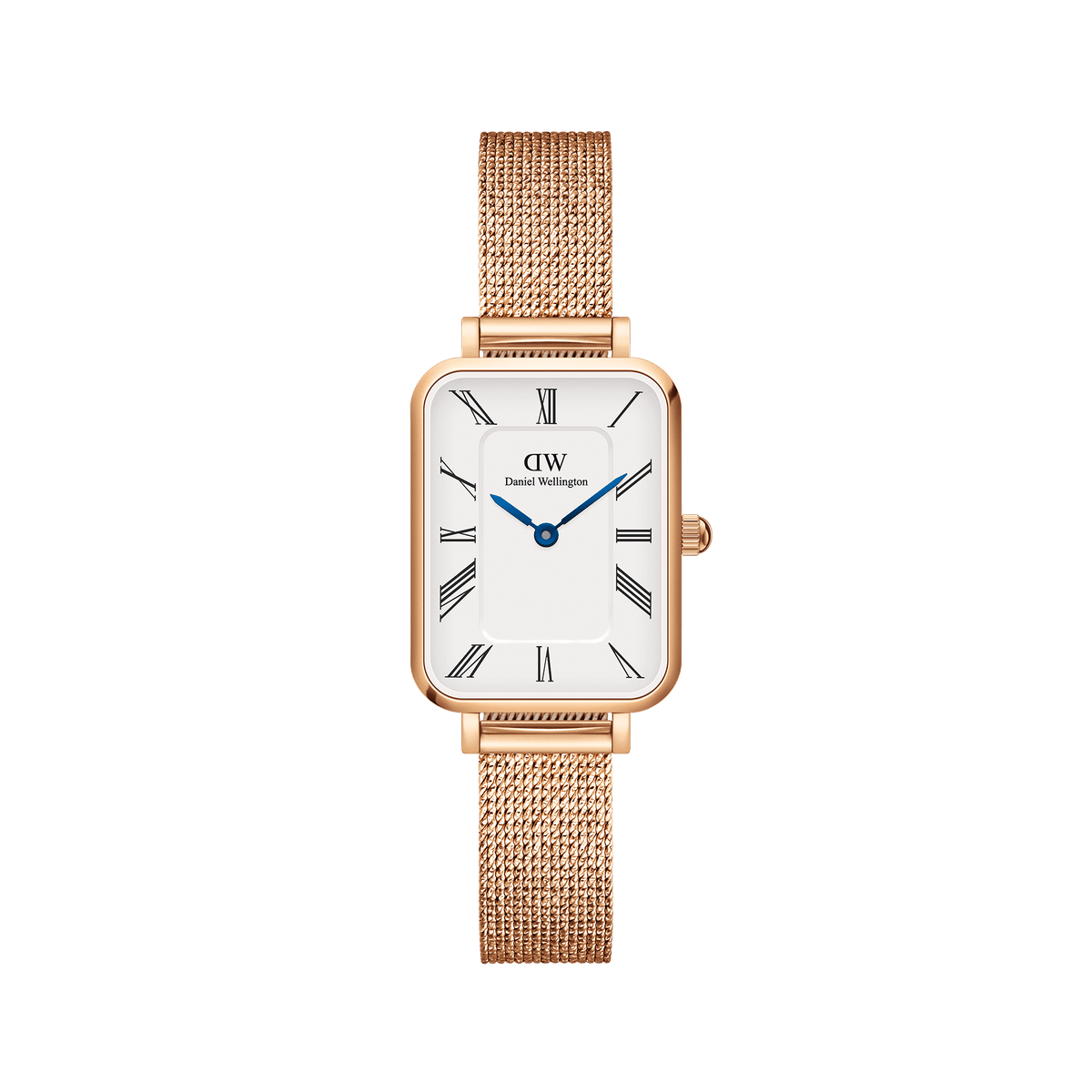 Daniel Wellington Quadro Roman Numerals Melrose women's watch with rose gold mesh strap and white dial