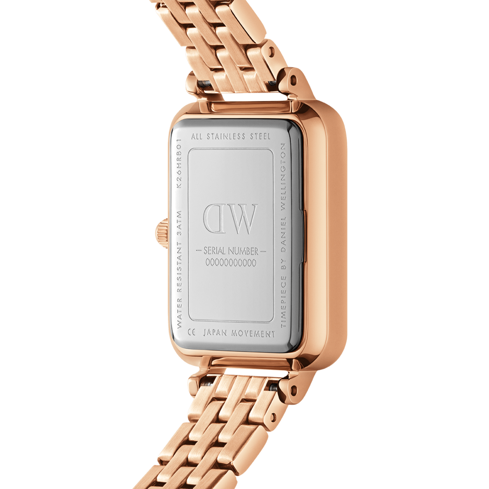 Daniel Wellington Quadro Lumine caseback showing stainless steel, DW branding, and serial number