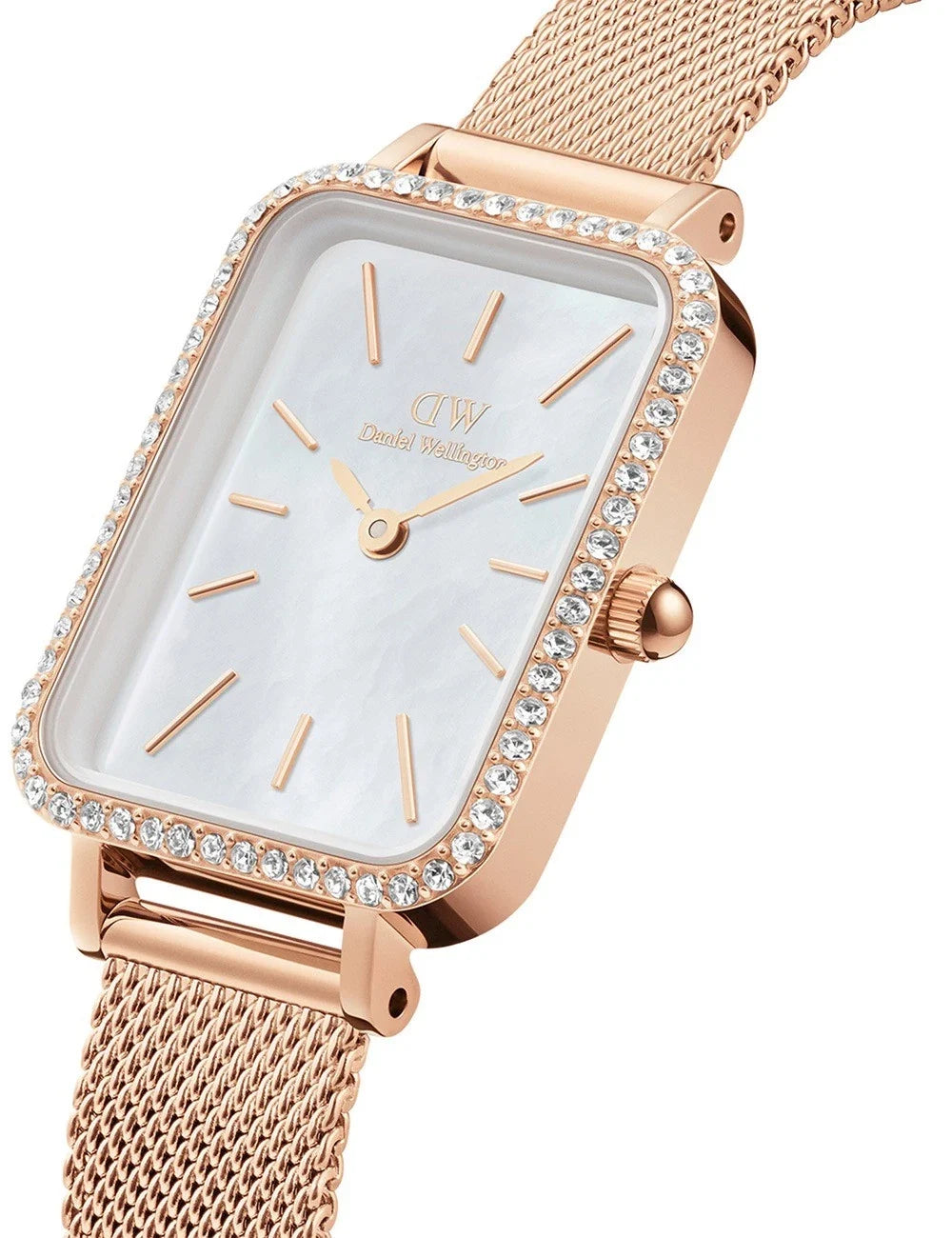 Daniel Wellington Quadro Lumine ladies watch angled view showing diamond bezel and rose gold mesh strap