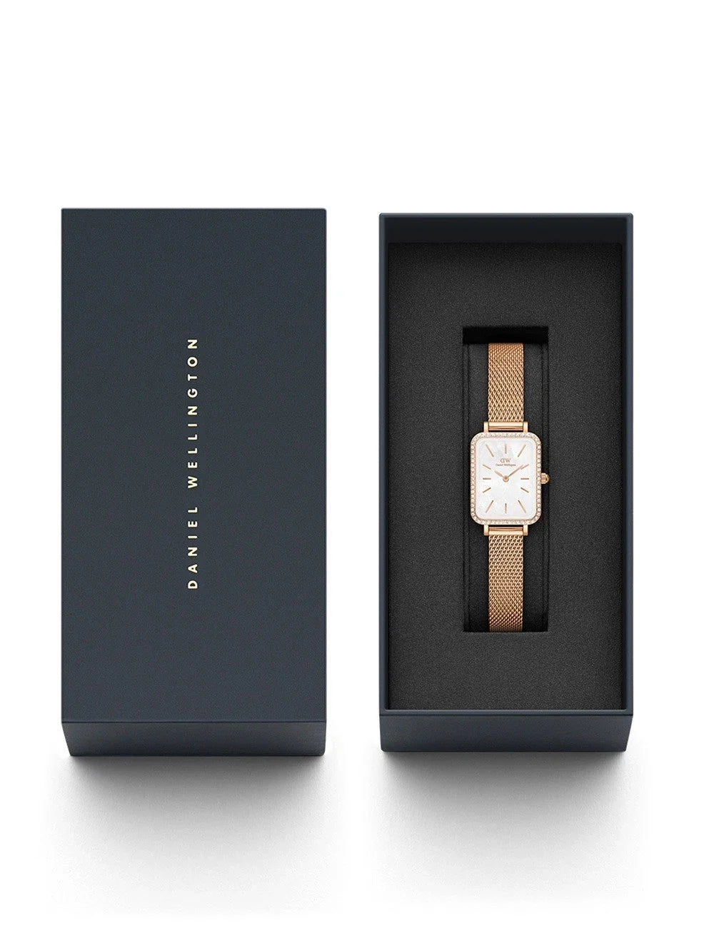 Daniel Wellington Quadro Lumine watch packaged in brand box with Melrose strap