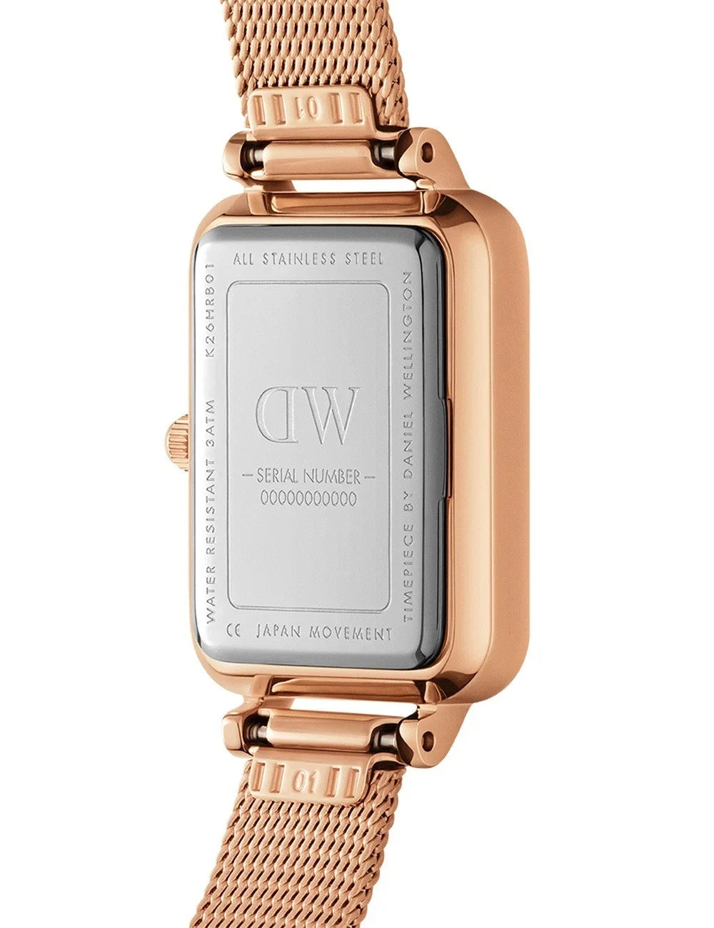 Daniel Wellington Quadro Lumine caseback showing stainless steel engraved back and serial number
