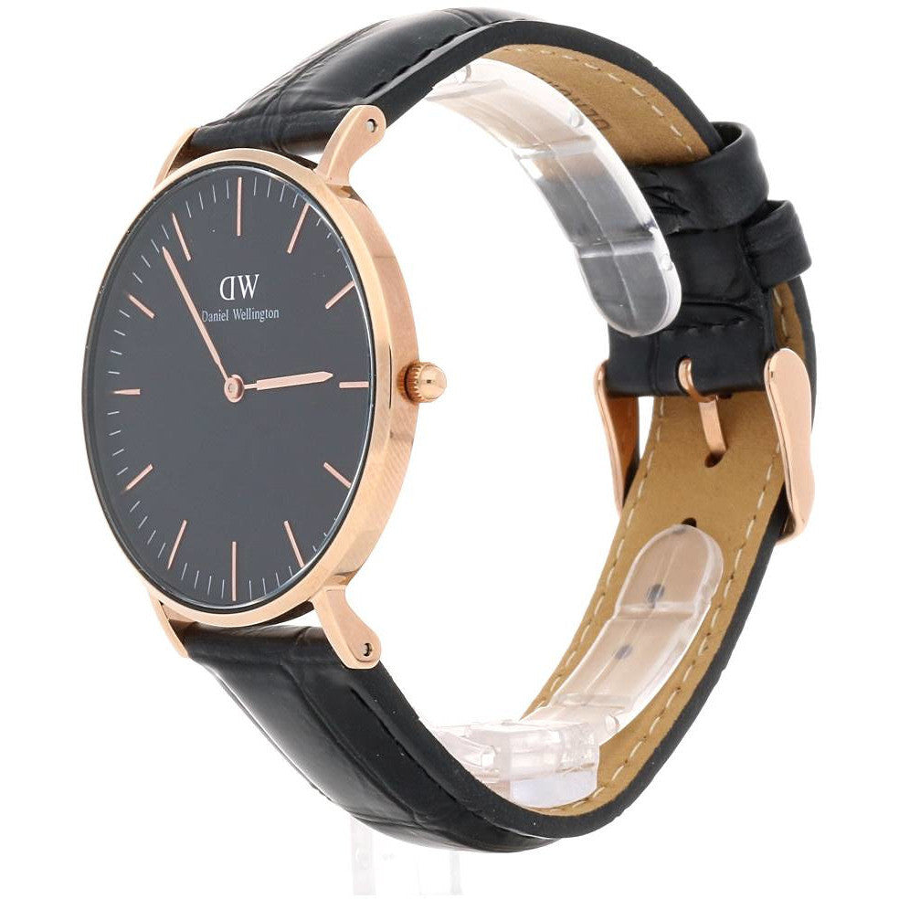 Side angle view of Daniel Wellington Reading watch showing black leather strap and rose gold lugs