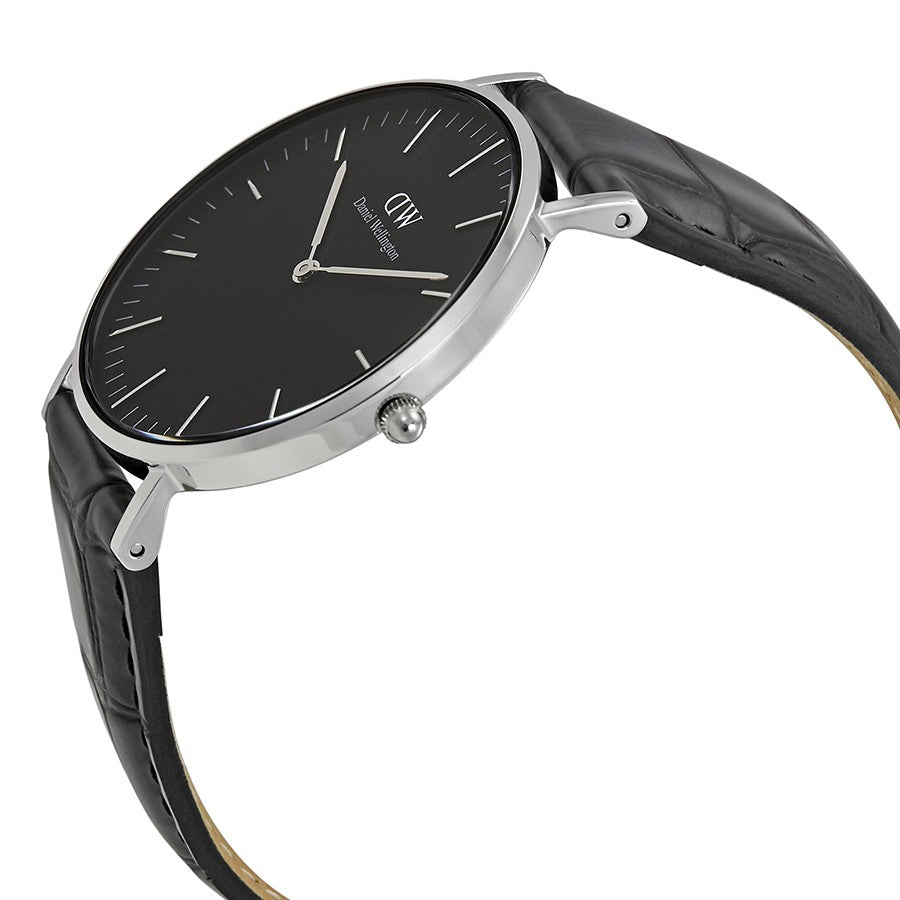 Daniel Wellington Reading watch angled side view showing case and black leather strap