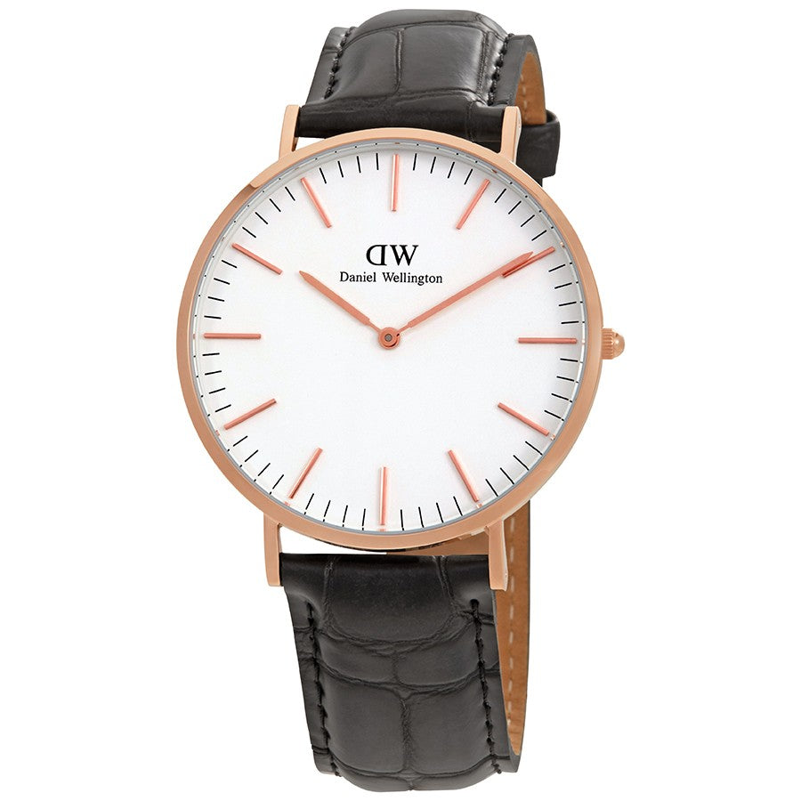 Daniel Wellington Reading 40mm gold watch with white dial and black leather strap