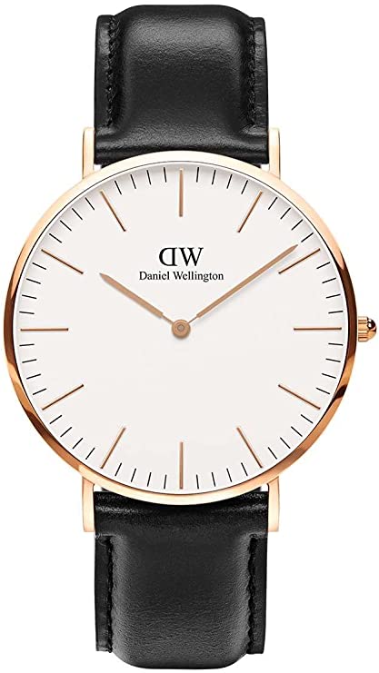 Daniel Wellington Reading 36mm watch with white dial, rose gold case, and black leather strap