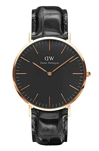 Daniel Wellington Reading 40mm men's watch with rose gold case, black dial, rose gold indices and black leather strap