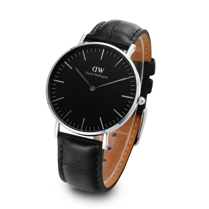 Daniel Wellington Reading 40mm watch side view with black crocodile-embossed leather band