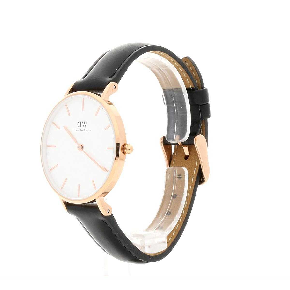 Daniel Wellington Sheffield watch angle view showing rose gold case and black leather strap