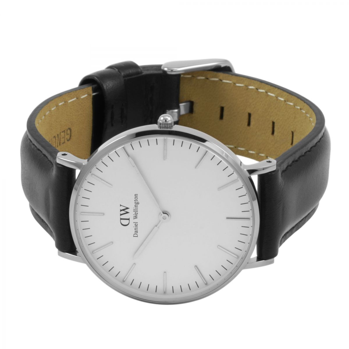 Daniel Wellington Sheffield watch angled view showing black leather strap and white dial face