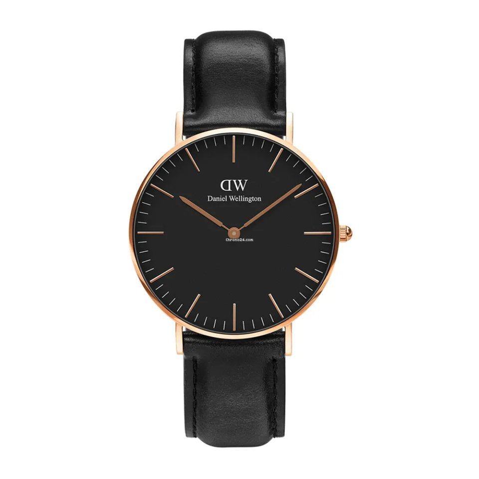 Daniel Wellington Sheffield 36mm rose gold watch with black dial and black leather strap