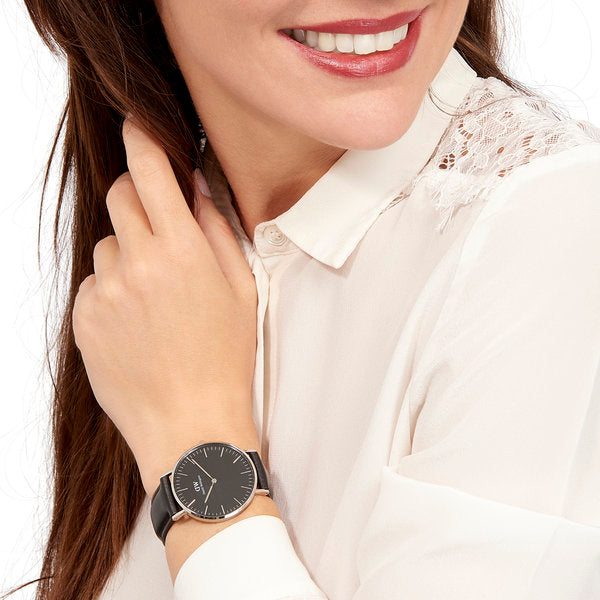 Daniel Wellington Sheffield 36mm Black Dial Black Leather Silver Watch - DW00100145
