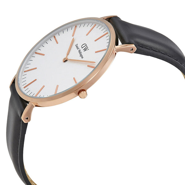 Daniel Wellington Sheffield 40mm watch at angle showing rose gold case and black leather strap