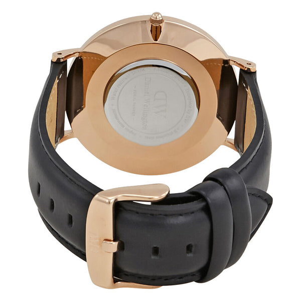 Daniel Wellington Sheffield caseback showing rose gold case and black leather strap with buckle