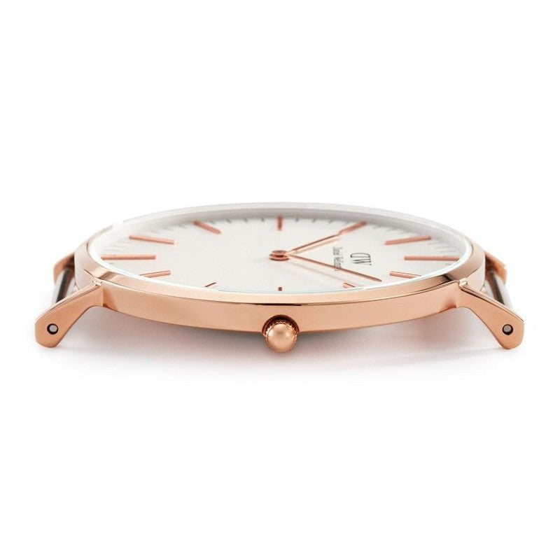 Daniel Wellington Sheffield 40mm watch side view with rose gold case and leather strap