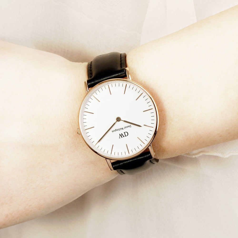 Daniel Wellington Sheffield 36mm watch on wrist with white dial and rose gold case