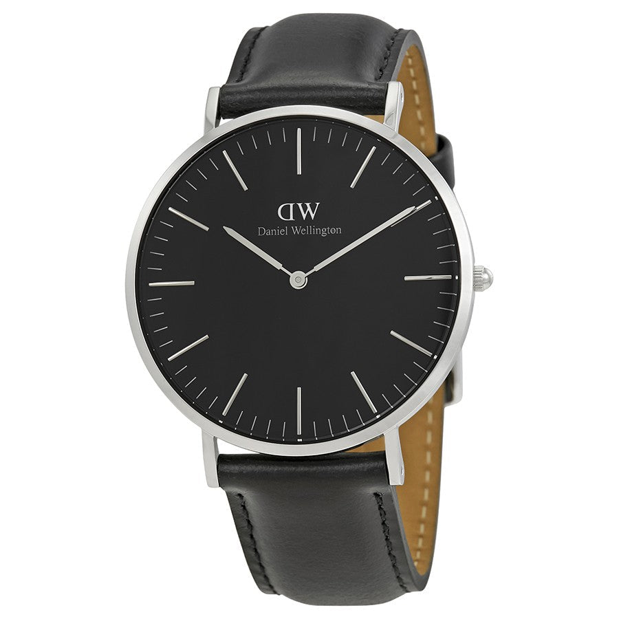Daniel Wellington Sheffield 40mm black dial men's watch with silver case and black leather strap