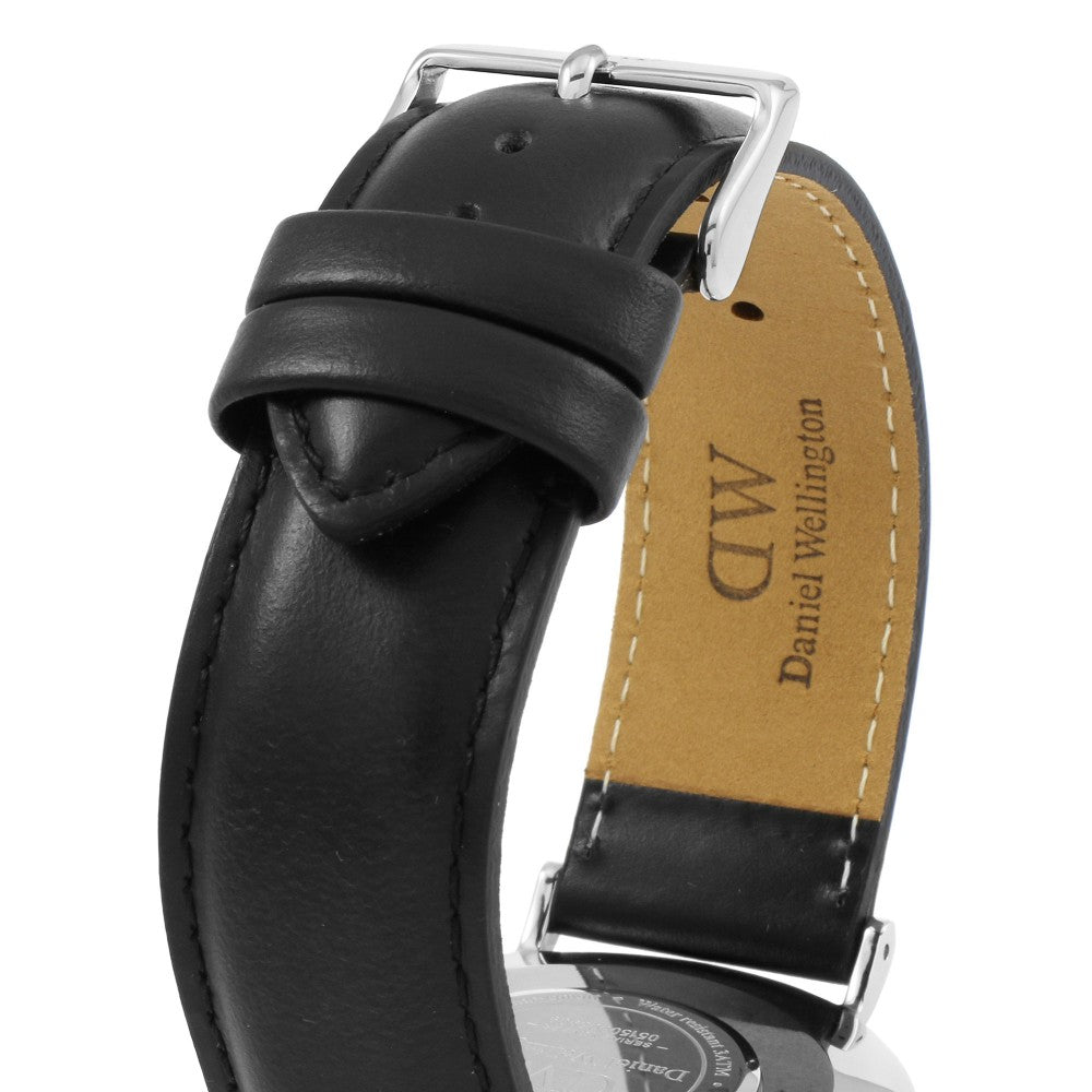 Close-up of Daniel Wellington Sheffield black genuine leather strap with silver buckle