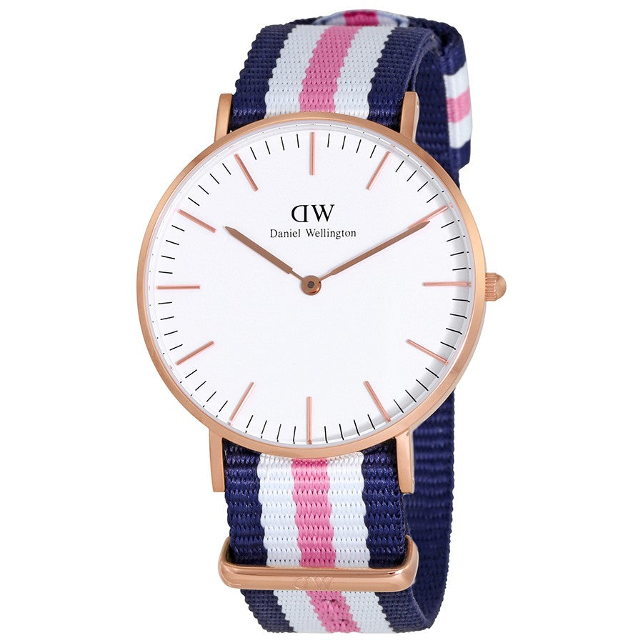 Daniel Wellington Southampton 36mm rose gold watch with white dial and navy pink white striped fabric strap