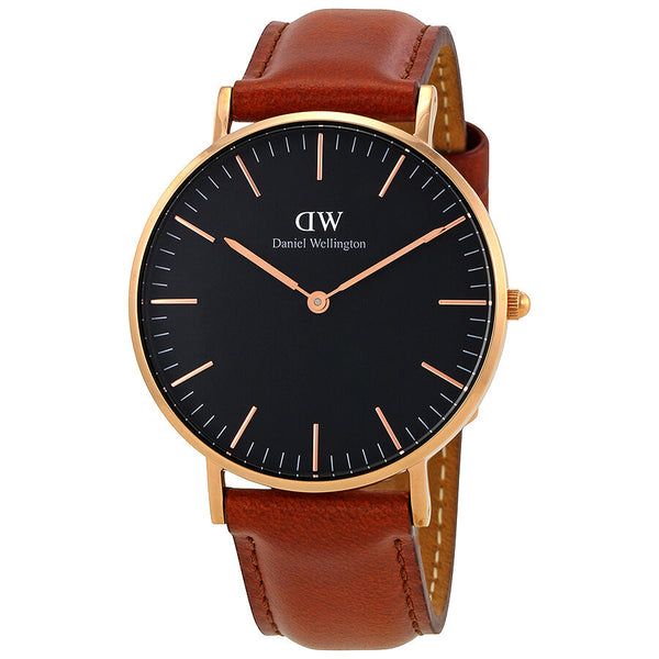 Daniel Wellington St Mawes 36mm gold watch with black dial and brown leather strap