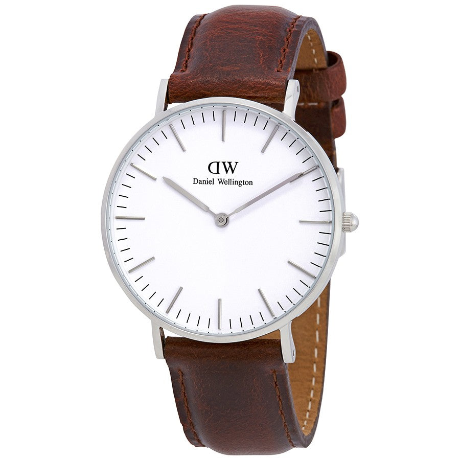 Daniel Wellington St Mawes 36mm White Dial Brown Genuine Leather Silver Watch - DW00100052