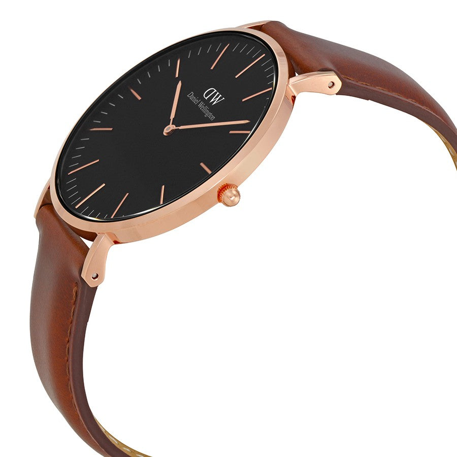 Daniel Wellington St Mawes 40mm Black Dial Brown Genuine Leather Men's Gold Watch - DW00100124