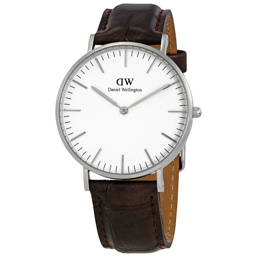 Daniel Wellington York 36mm white dial silver watch with black leather strap