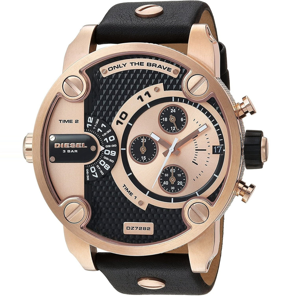 Diesel Big Boss DZ7282 rose gold chronograph watch with black dial and leather strap