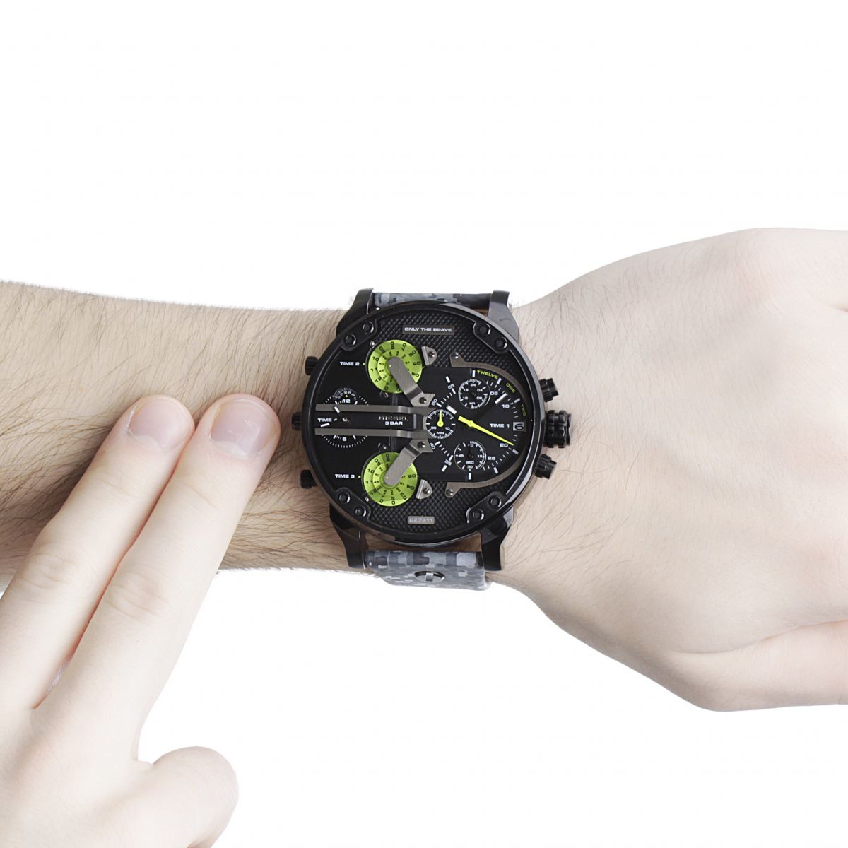 Diesel Big Daddy DZ7311 watch worn on wrist showing lime green subdials and black case
