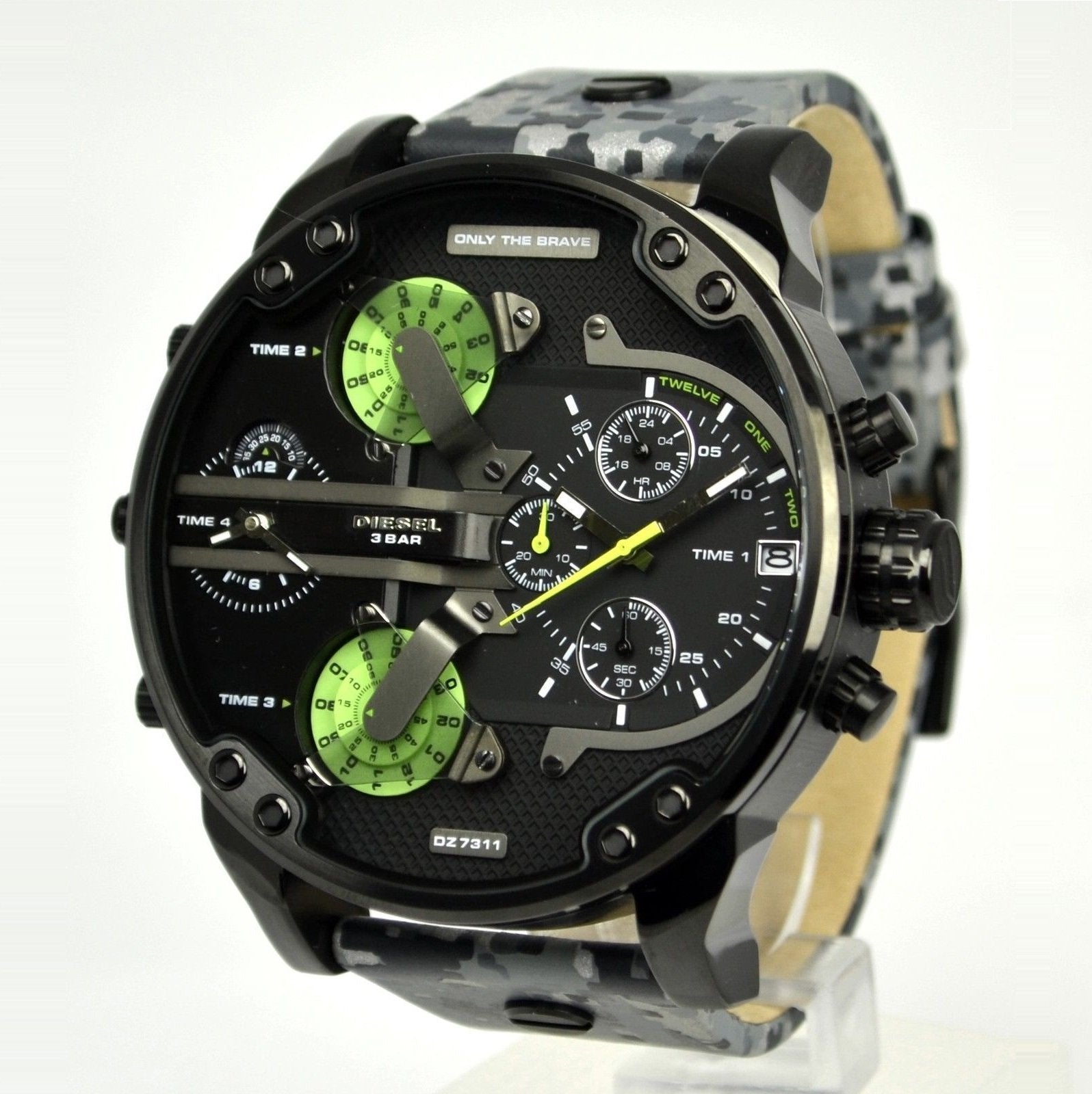 Diesel Big Daddy DZ7311 three-quarter view showcasing black case with digital camo leather strap