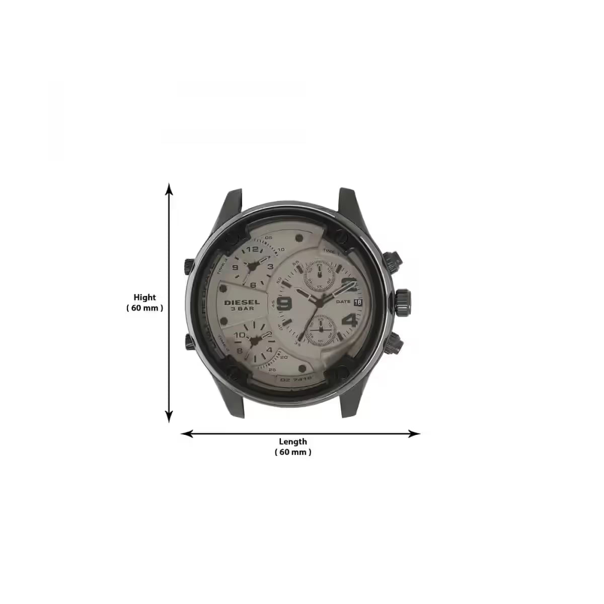 Diesel Boltdown DZ7416 watch dimensions showing 49mm length and 12mm height