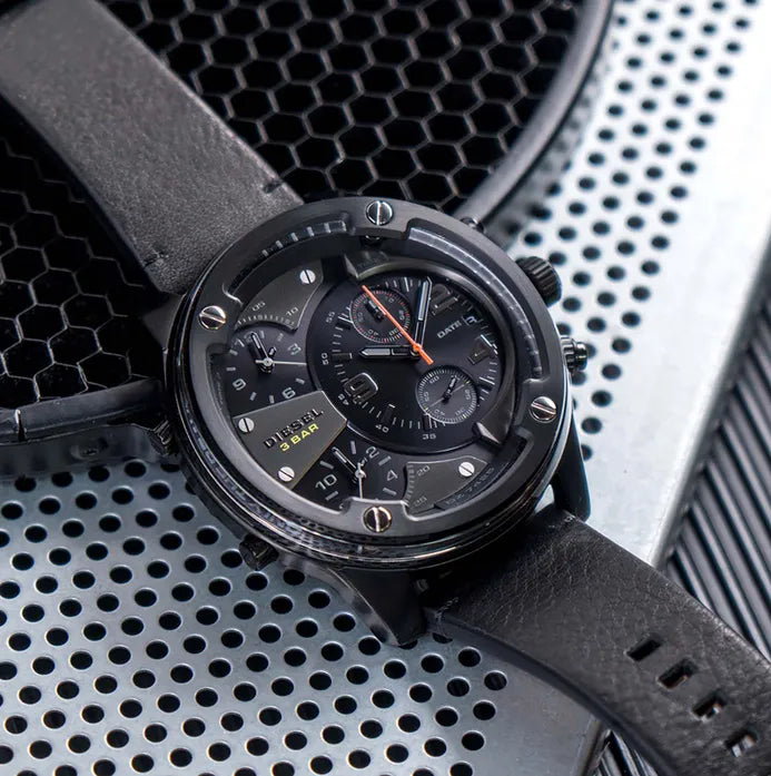 Diesel Boltdown DZ7425 dial detail showing chronograph subdials and red accent hand