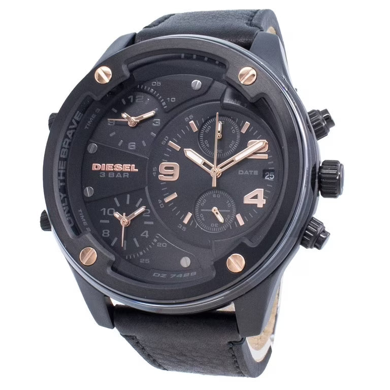 Diesel Boltdown DZ7428 chronograph watch shown at angle with leather strap visible