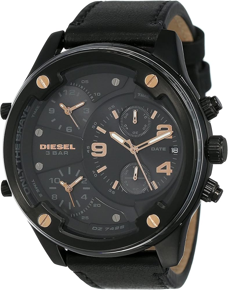 Diesel Boltdown DZ7428 chronograph watch with black dial, rose gold accents, and black leather strap