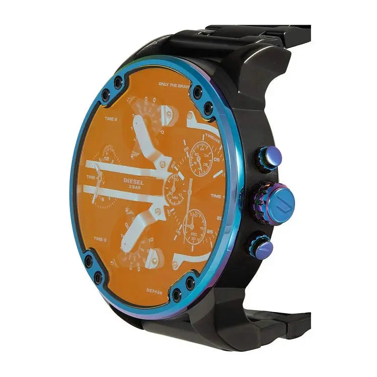 Diesel Mr Daddy 2.0 DZ7436 chronograph watch side angle view with orange dial and colorful pushers