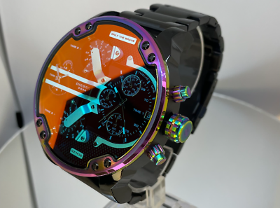 Diesel Mr Daddy 2.0 DZ7436 dial detail with orange, blue, and black subdials and colored chronograph pushers