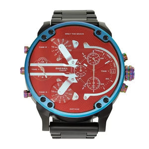 Diesel Mr Daddy 2.0 DZ7436 chronograph watch front view with red chronograph dial and blue bezel