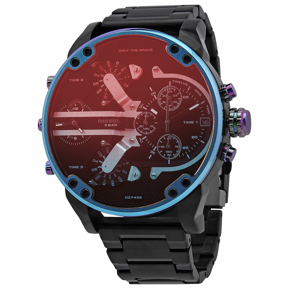 Diesel Mr Daddy 2.0 DZ7436 chronograph mens watch with red dial, blue bezel, and black steel bracelet