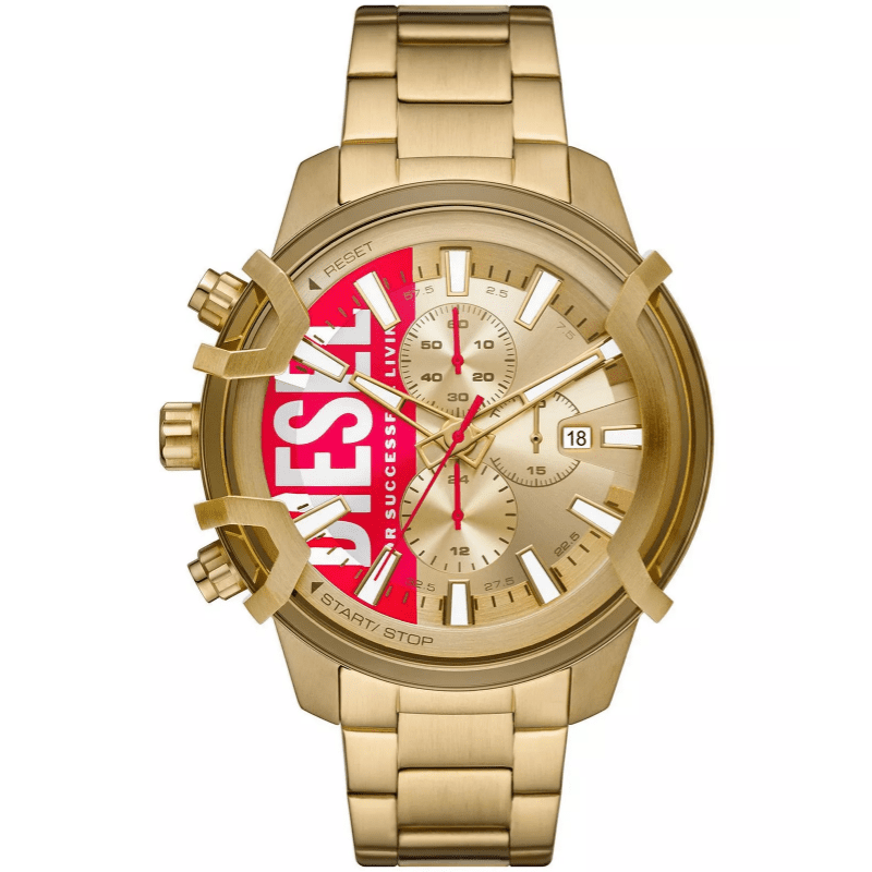 Diesel Griffed DZ4595 chronograph watch with gold dial, red accent, and gold-tone bracelet
