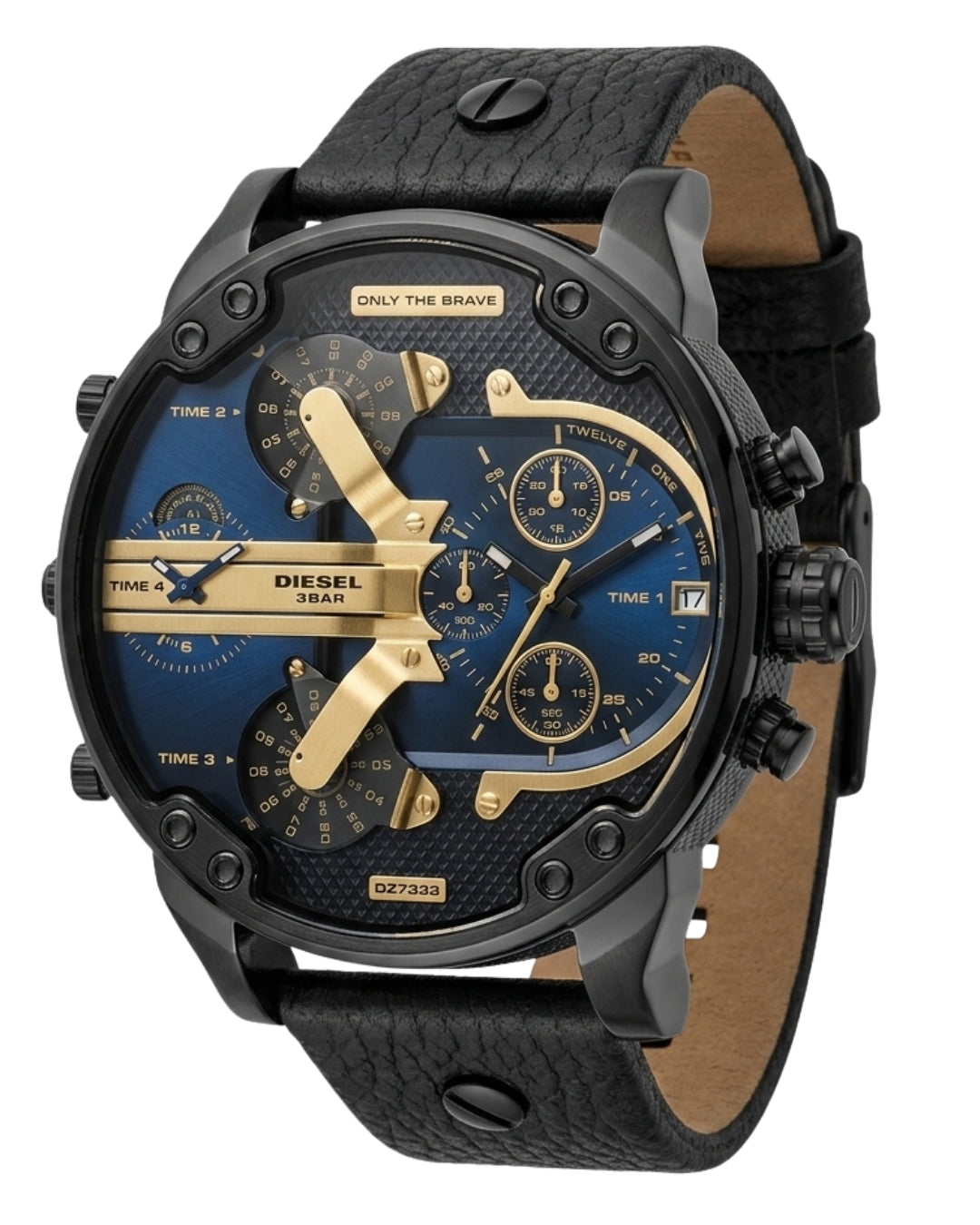 Diesel Ironside DZ7888 watch angled view showing black leather strap and dial design