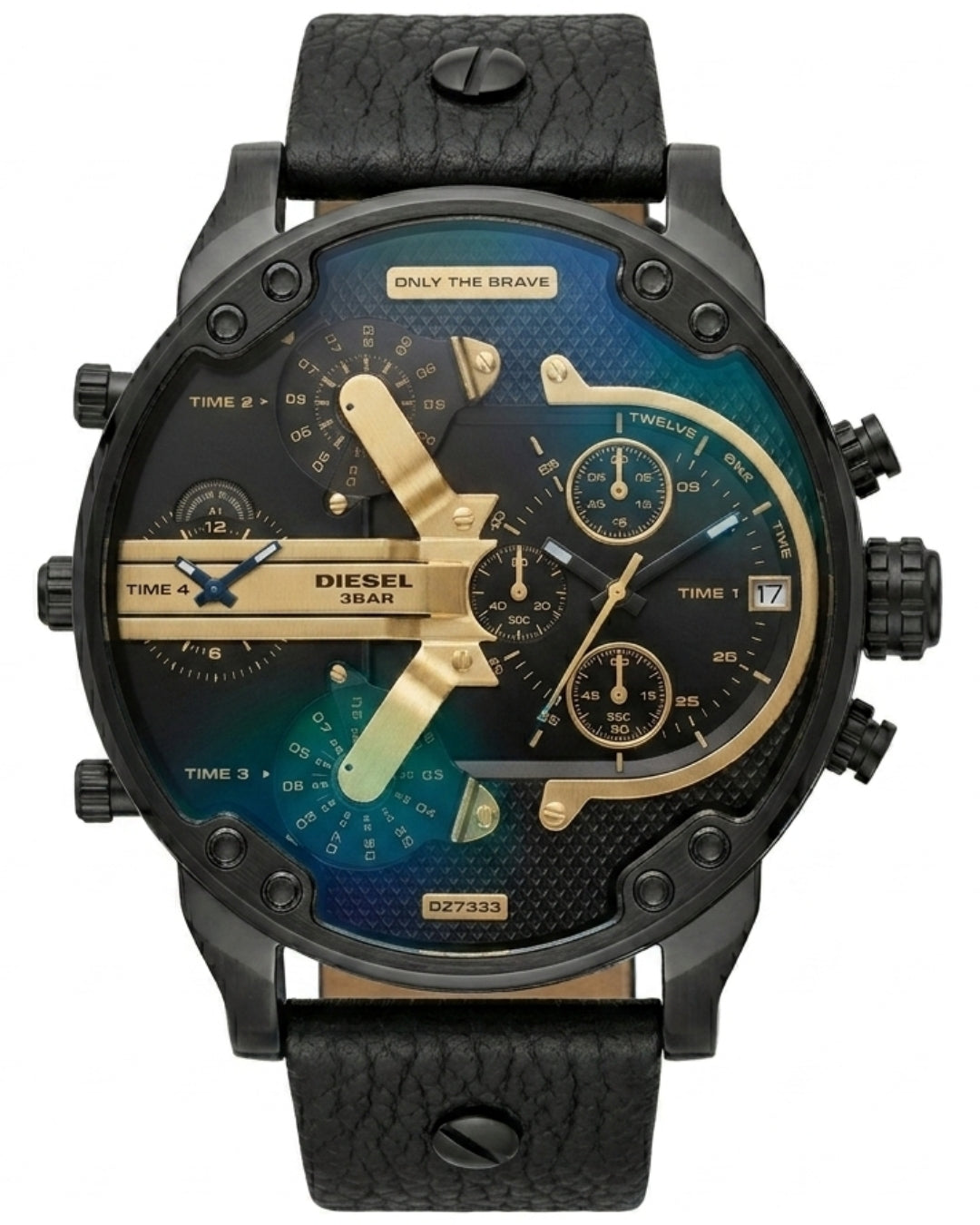 Diesel Ironside DZ7888 black dial chronograph watch with gold hands and blue dial subdials