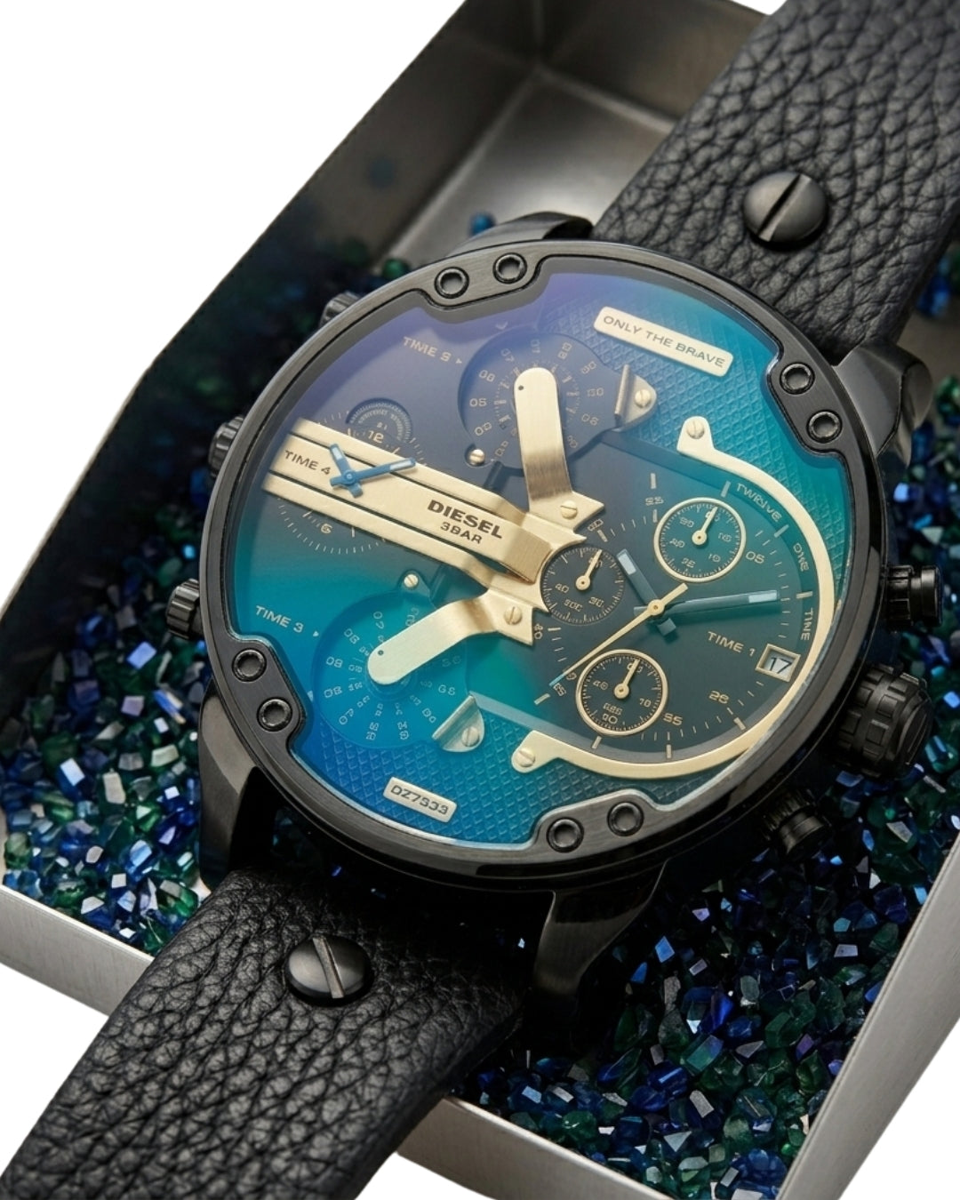 Diesel Ironside DZ7888 worn on wrist showing black dial and blue accent subdials