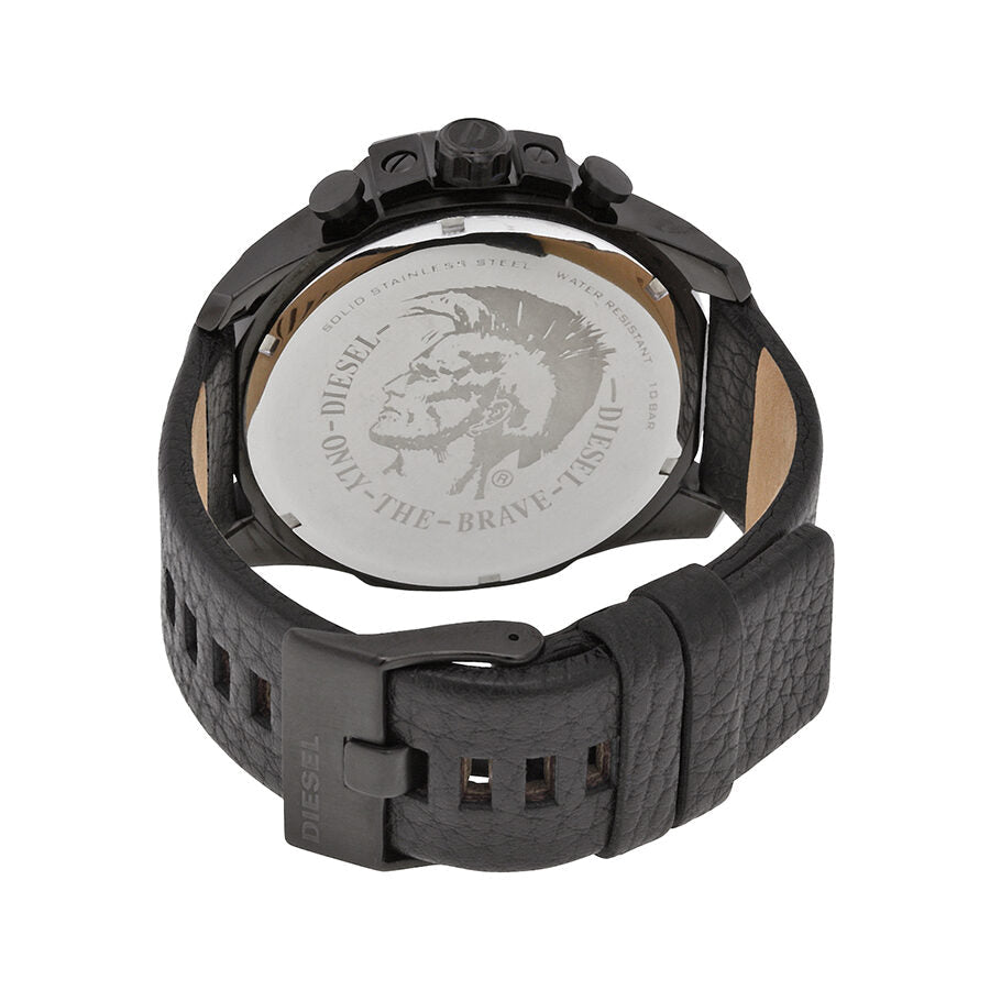 Caseback of Diesel Mega Chief watch with engraved Diesel branding and leather strap